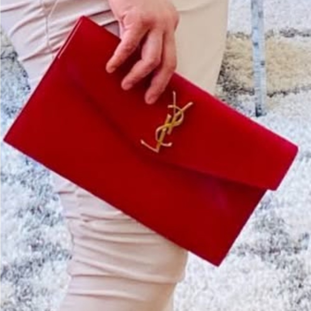 Yves Saint Laurent Red Clutch with Gold Emblem